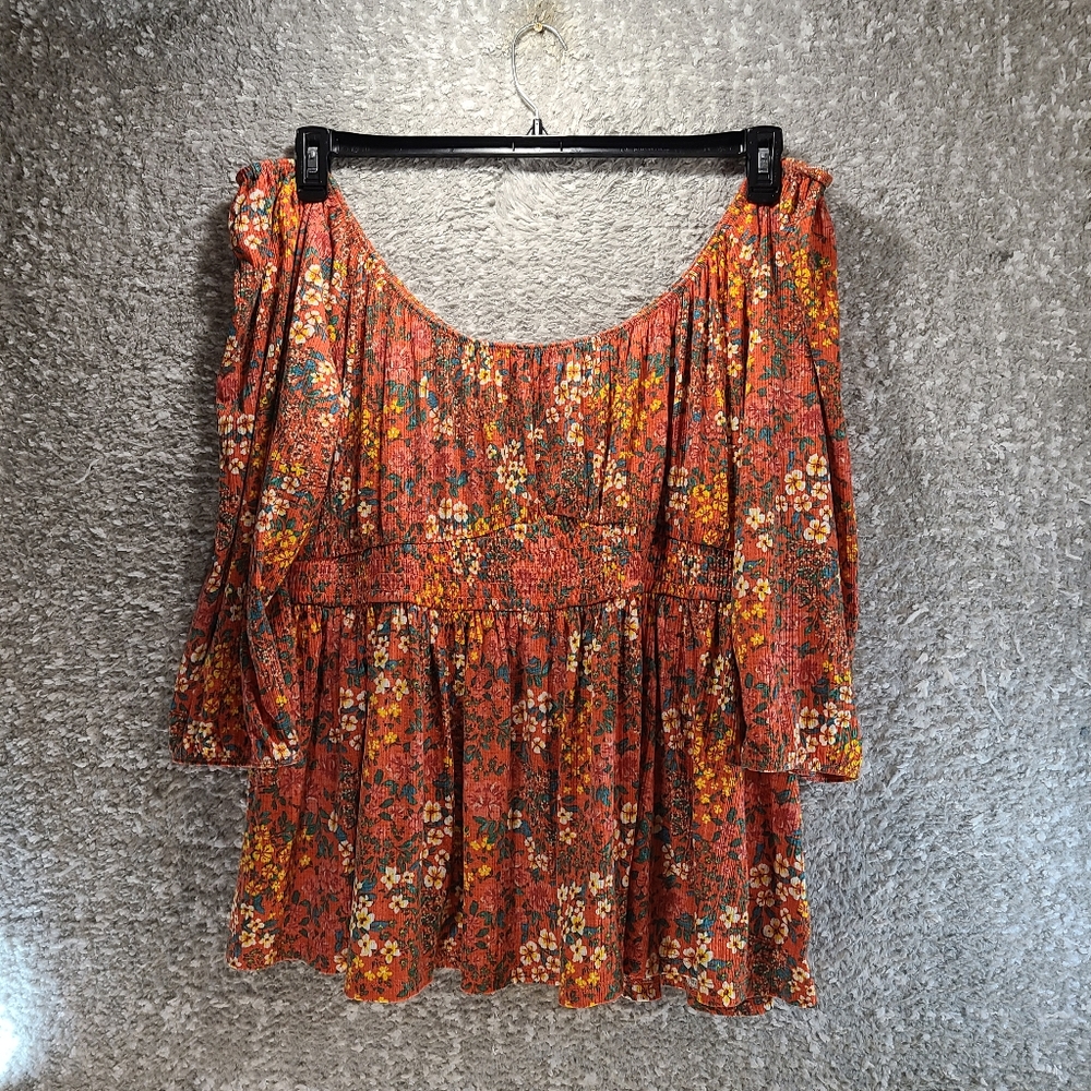 Torrid Women's Textured Smocked Top Size 3X Orange Floral Cottagecore Polyester